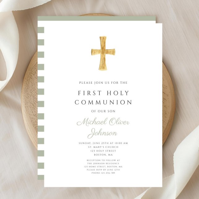 Invitation Croix à rayures vert sauge moderne Première commun (Modern Sage Green Stripes Cross First Communion Invitation)