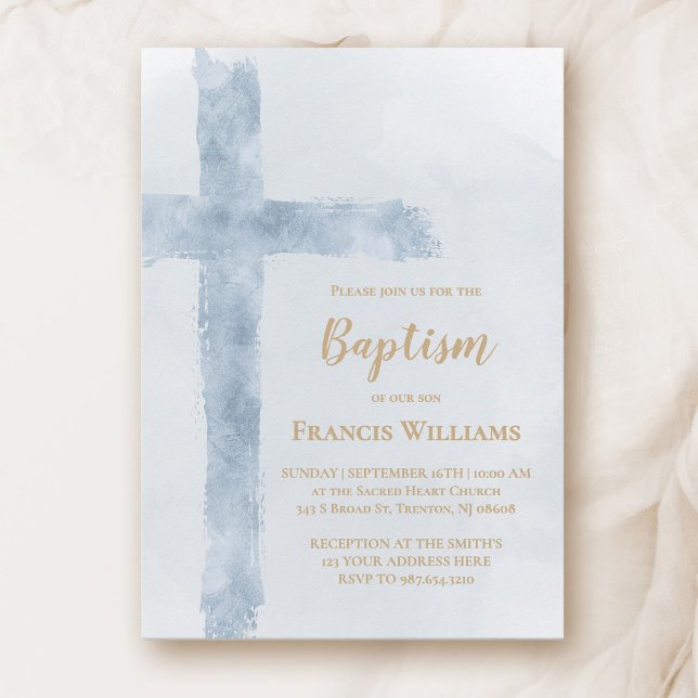 Invitation croix aquarelle bleue Baptême  (Créateur téléchargé)
