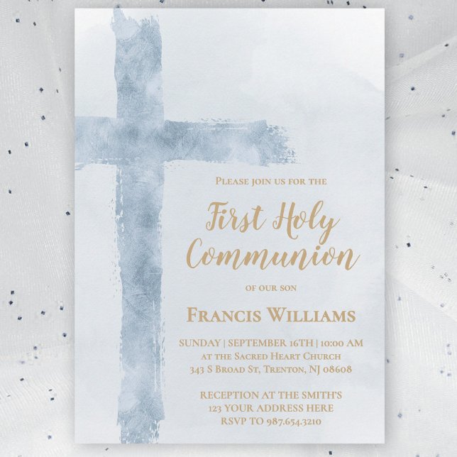 Invitation croix aquarelle bleue Première Sainte Communion (Créateur téléchargé)