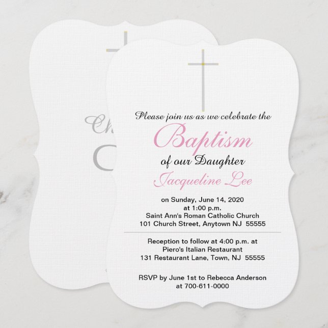 Invitation Croix Argent Or Baptême Fille Rose (Devant / Derrière)
