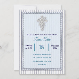 Invitation Croix argentée Baptême avec dentelle rayée bleue g