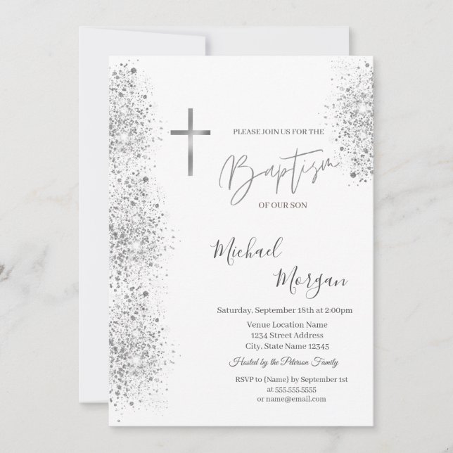 Invitation Croix argentée chic Baptême Paillettes de confetti (Devant)
