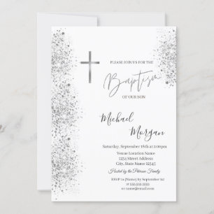 Invitation Croix argentée chic Baptême Paillettes de confetti