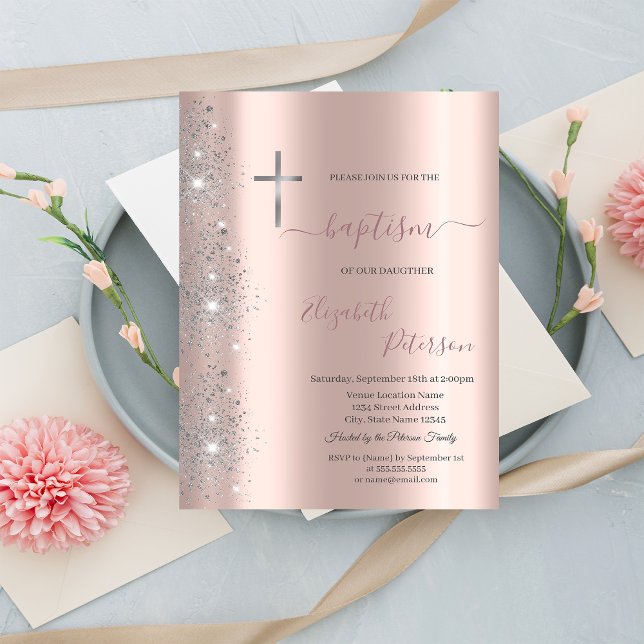 Invitation Croix argentée chic baptême poussière de pailletto (Créateur téléchargé)