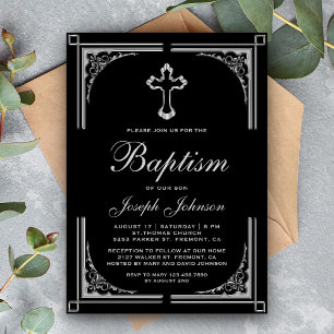 Invitation Croix argentée de frontière ornée élégante pour ba