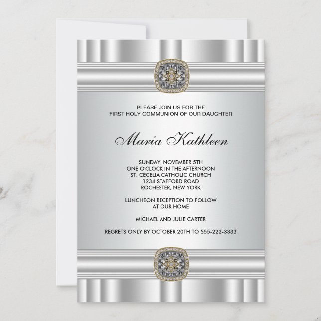 Invitation Croix argentée dorée pour la première communion de (Devant)