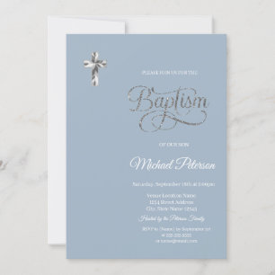 Invitation Croix argentée élégante baptême bleu poussiéreux