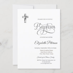 Invitation Croix argentée élégante baptême minimaliste