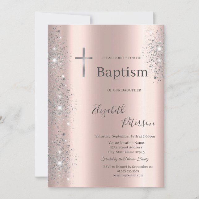 Invitation Croix argentée élégante Baptême Paillettes rose do (Devant)