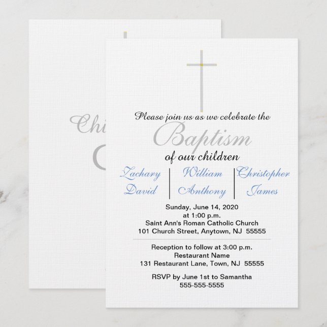 Invitation Croix Argentée Élégante pour Baptême de Triplés Bl (Devant / Derrière)