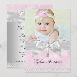 Invitation Croix argentée en dentelle rose Photo Baptême