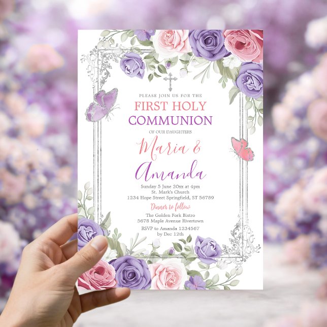 Invitation Croix argentée fleur violette Première Sainte Comm (Créateur téléchargé)