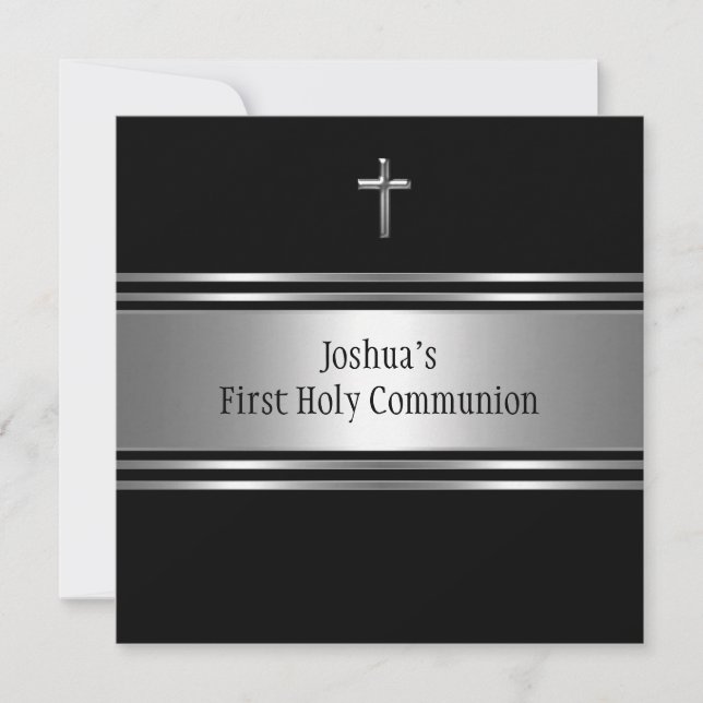 Invitation Croix argentée noire pour la Première Communion de (Devant)