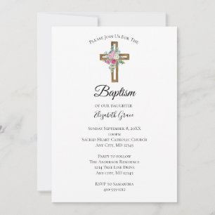 Invitation Croix avec fleurs baptême