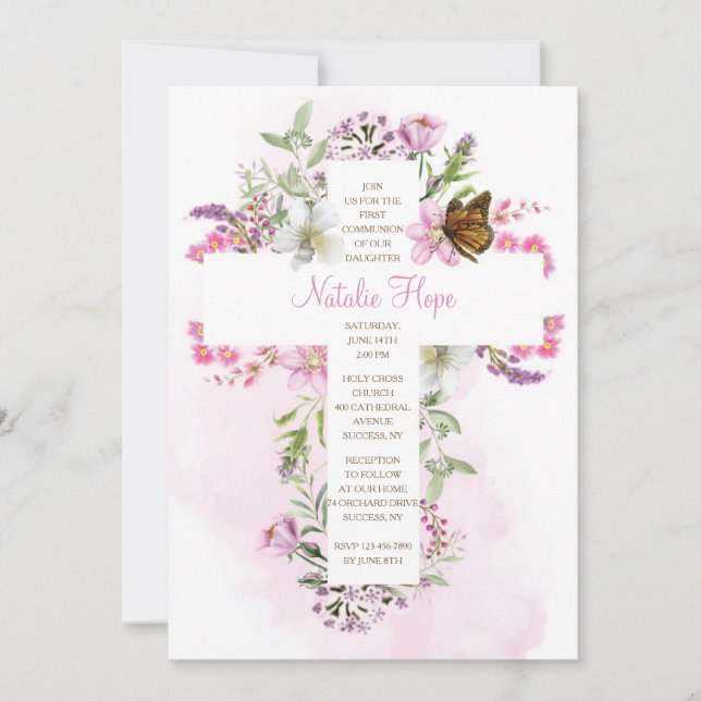 Invitation Croix Avec Fleurs Religieuses (Devant)