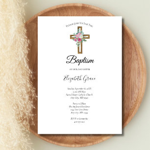 Invitation Croix avec fleurs roses baptême