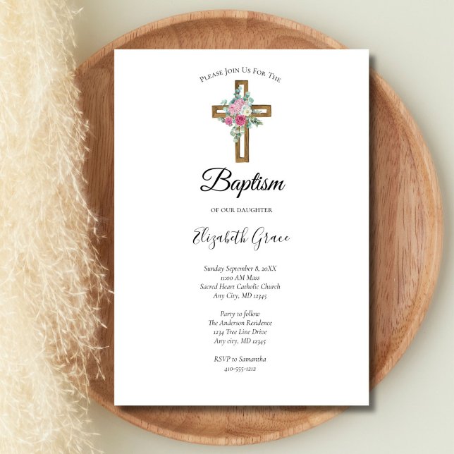 Invitation Croix avec fleurs roses baptême (Wooden Cross with flowers Baptism Christening Invitation. Printed or Digital download)