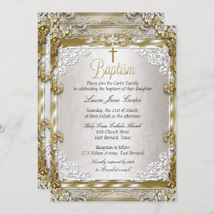 Invitation Croix-Baptême en or beige vintage
