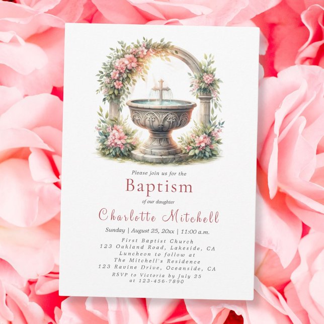 Invitation Croix-Baptême rose florale (Créateur téléchargé)