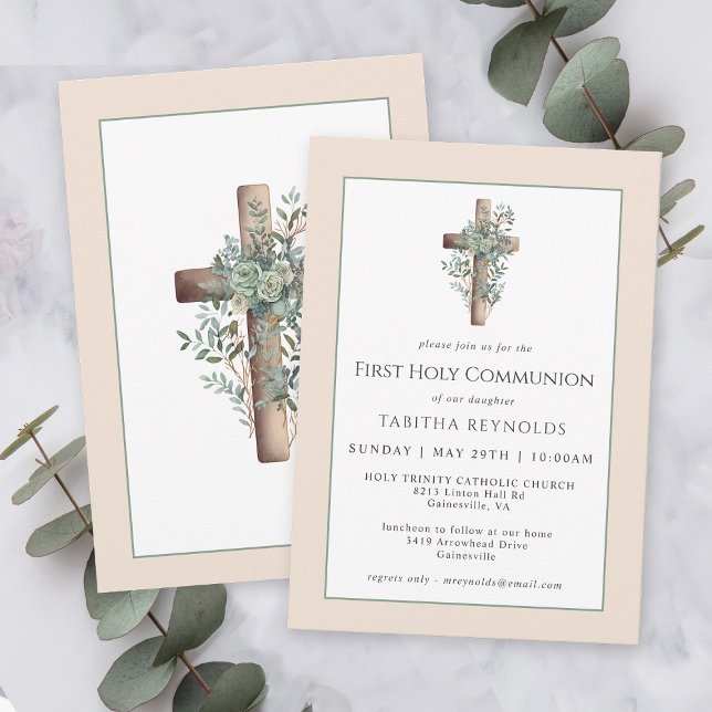 Invitation Croix beige neutre avec verdure Première communion (Créateur téléchargé)