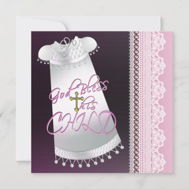 Invitation Croix blanche Baby Girl Rose Black Christening (Devant)