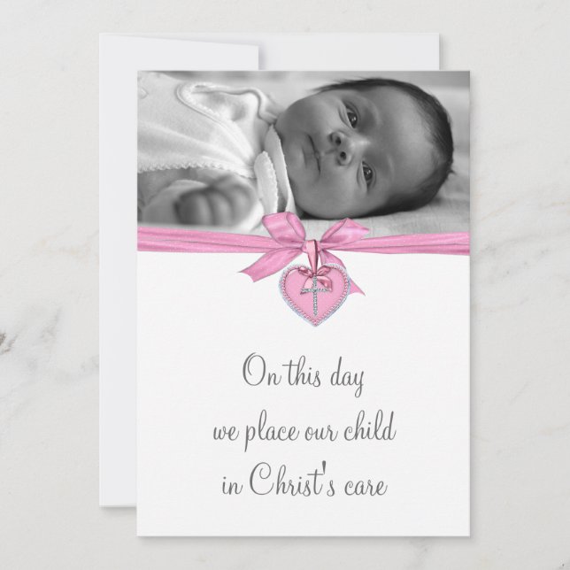 Invitation Croix blanche bébé fille photo baptême rose (Devant)