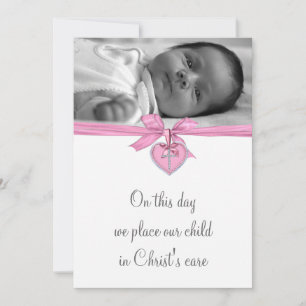 Invitation Croix blanche bébé fille photo baptême rose