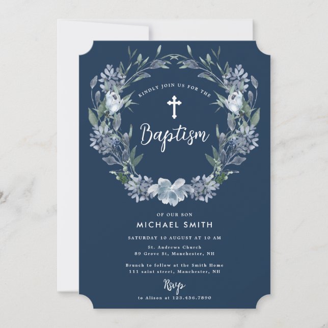 Invitation croix blanche bleu floral moderne baptême invitati (Devant)