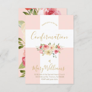 Invitation Croix blanche catholique et fleurs Confirmation