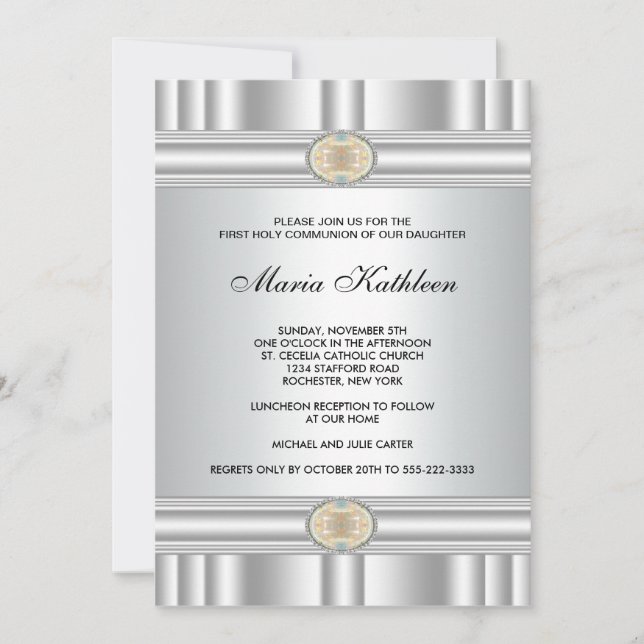 Invitation Croix Blanche Filles Elégant Première Communion Or (Devant)