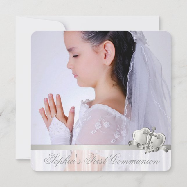 Invitation Croix Blanche Filles Photo Première Communion (Devant)