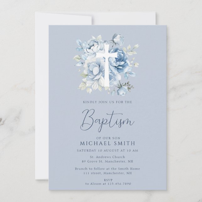 Invitation croix blanche florale bleu poussiéreux baptême (Devant)