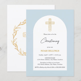 Invitation Croix Bleu et Or Minimaliste pour Baptême