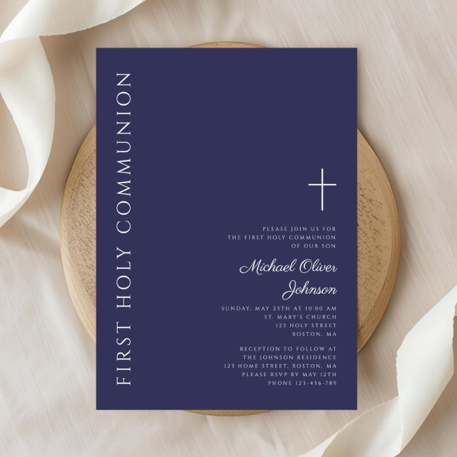 Invitation Croix bleu marine moderne Première communion (Modern Navy Blue Cross First Communion Invitation)