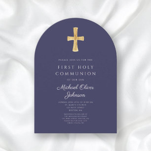 Invitation Croix Bleu Marine Religieux Garçon Première Commun