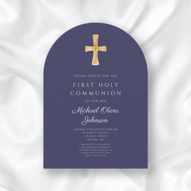 Invitation Croix Bleu Marine Religieux Garçon Première Commun (Navy Blue Cross Religious Boy First Communion Arch Invitation)