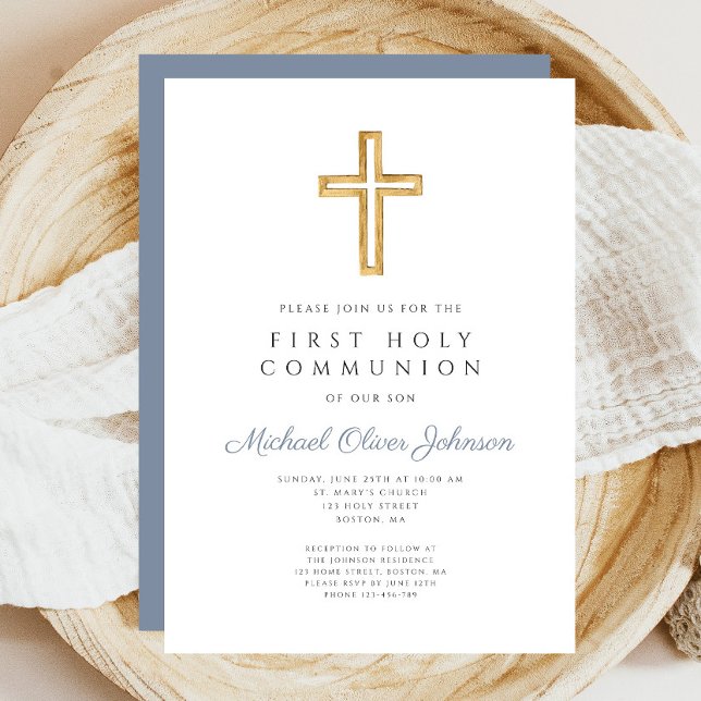 Invitation Croix Bleu Poussiéreux Garçon Religieux Première C (Dusty Blue Cross Religious Boy First Communion Invitation)