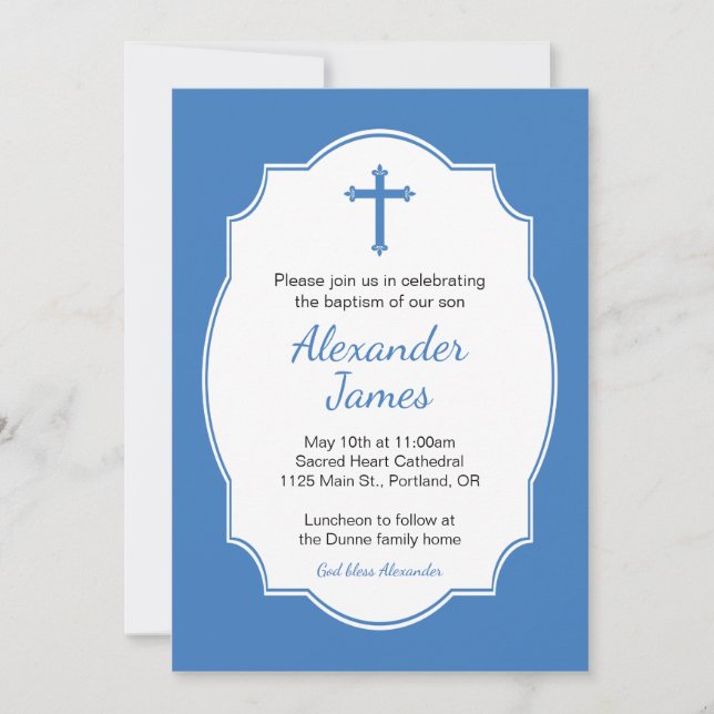 Invitation Croix Bleue Bébé Baptême Baptême Christening (Devant)