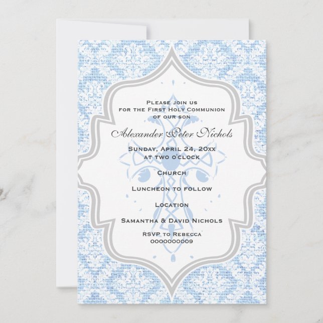 Invitation Croix Bleue blanc damassé burlap Première communio (Devant)