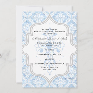 Invitation Croix Bleue blanc damassé burlap Première communio
