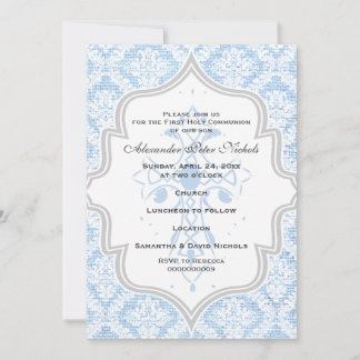 Invitation Croix Bleue blanc damassé burlap Première communio