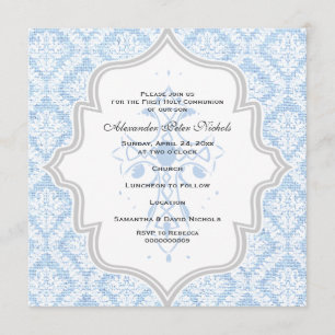 Invitation Croix Bleue blanc damassé burlap Première communio