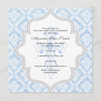 Invitation Croix Bleue blanc damassé burlap Première communio