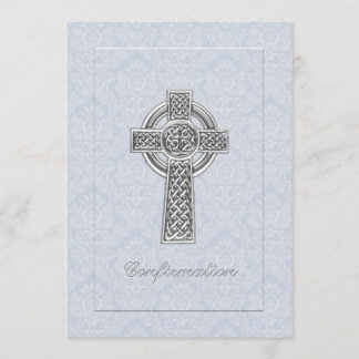 Invitation Croix bleue d'argent de damassé de confirmation