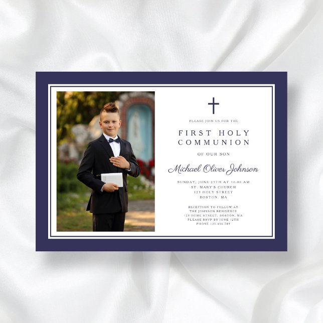 Invitation Croix Bleue de la marine moderne photo First Commu (Modern Navy Blue Cross Boy Photo First Communion Invitation)