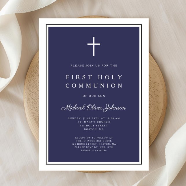 Invitation Croix Bleue de la marine moderne Première communio (Modern Navy Blue Cross Boy First Communion Invitation)