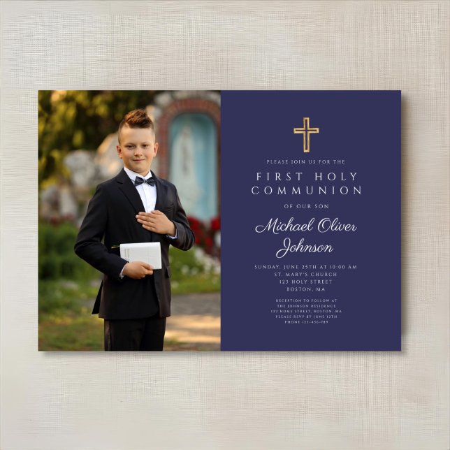 Invitation Croix Bleue de la Marine Photo Boy First Communion (Navy Blue Cross Photo Boy First Communion Invitation)