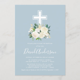 Invitation Croix Bleue Dusty aux fleurs de crème, baptême de