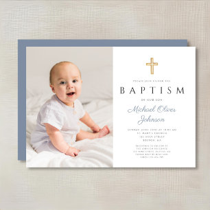 Invitation Croix Bleue Dusty moderne Boy Photo Baptême