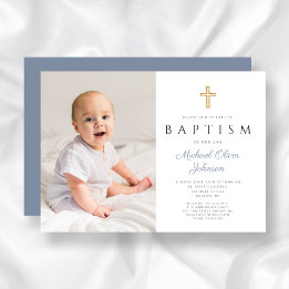 Invitation Croix Bleue Dusty moderne Boy Photo Baptême